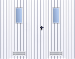 Brama rozwierna dwuskrzydłowa wypełniona blachą T -10, brama z okienkiem w układzie pionowym z kratką wentylacyjną
